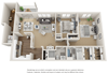 2 Bed 2 Bath 3D floor plan 2 bedroom 2 bath 3D floor plan, 1,460 sq ft.